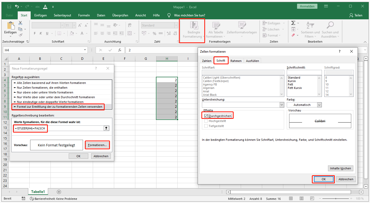 Durchstreichen in Excel mit bedingter Formatierung